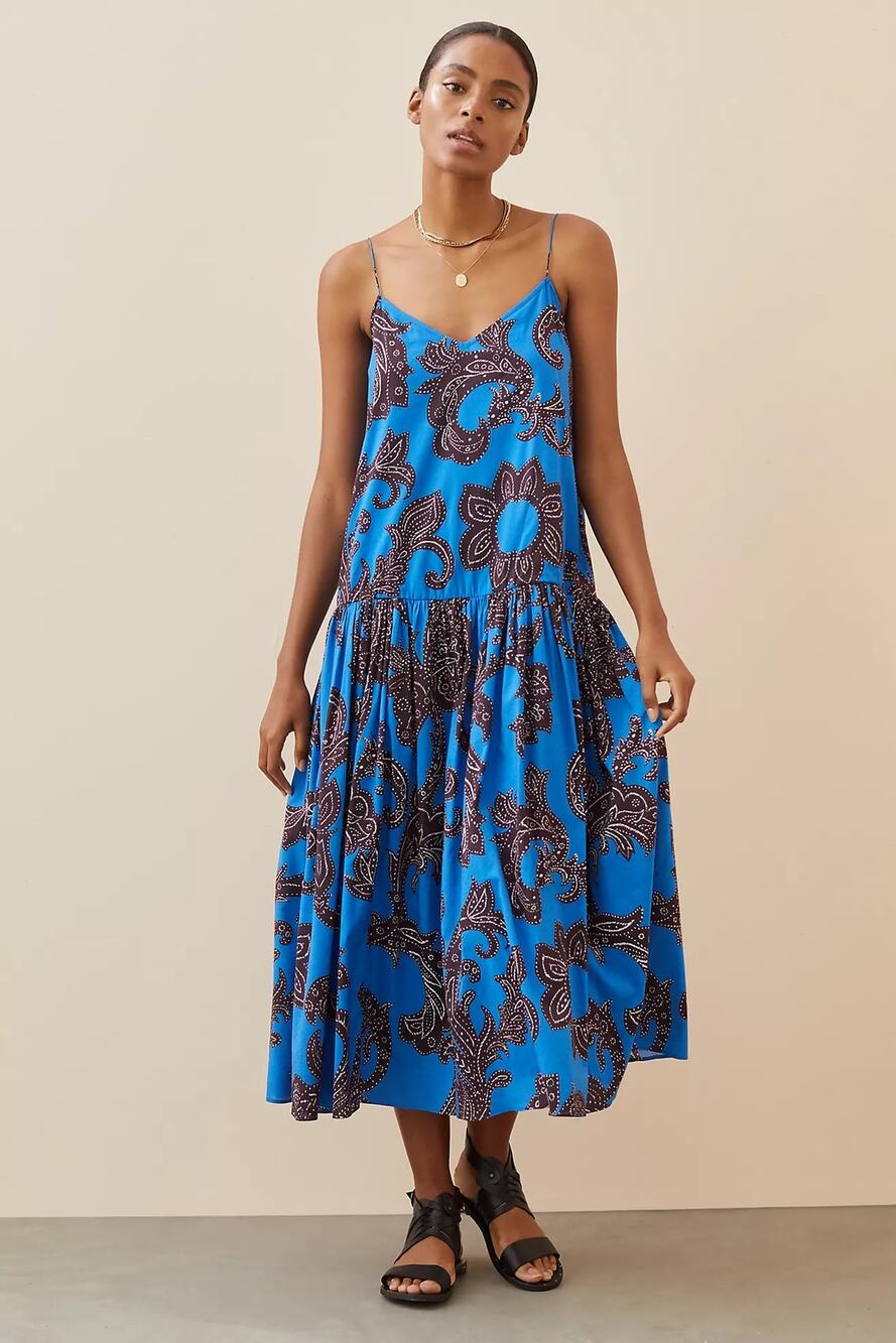 ATSU Maxi Dress Cotton Modal Womens XS Blue Paisley Tiered Boho Anthropologie